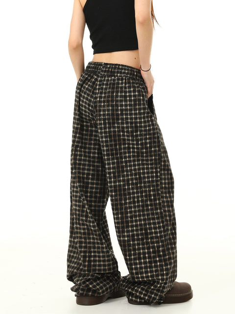 Trendy Elastic Waist Plaid Long Pants