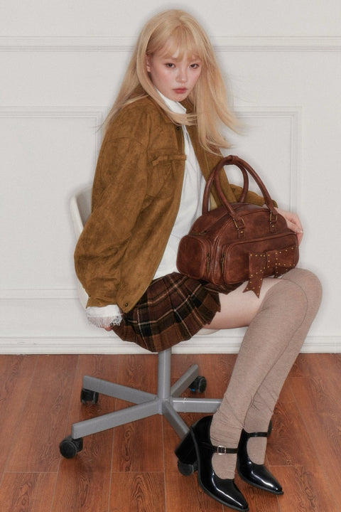 Yellow Brown Bow Suede Jacket