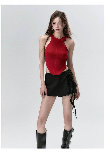 Red & Beige Rose Decor Crewneck Knitted Vest - My Store