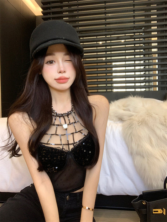 Black Mesh Sequin Top