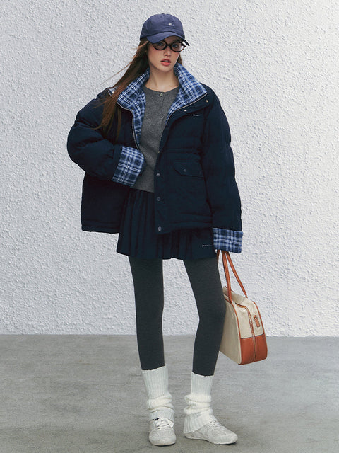 Color-block Plaid Spliced Cotton Jacket