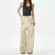 Embroidered Cream Wide Leg Pants