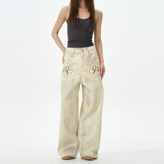 Embroidered Cream Wide Leg Pants