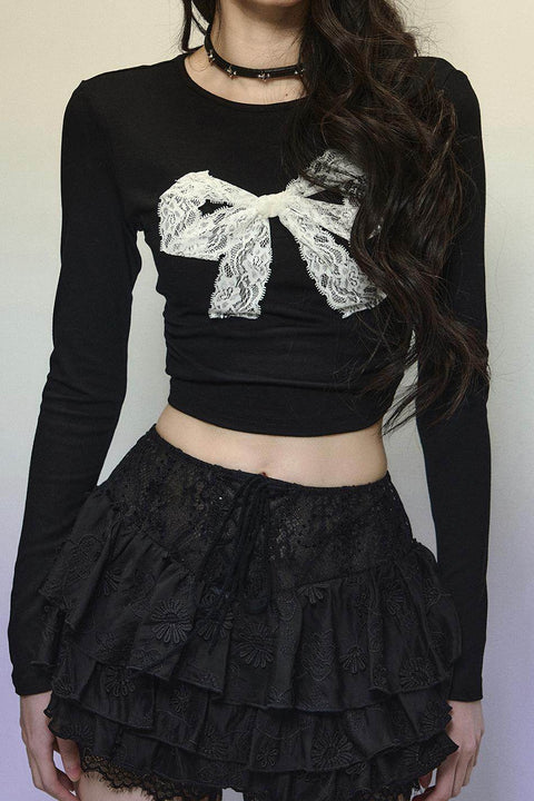 Bow Detail Lace Long Sleeve Top - My Store