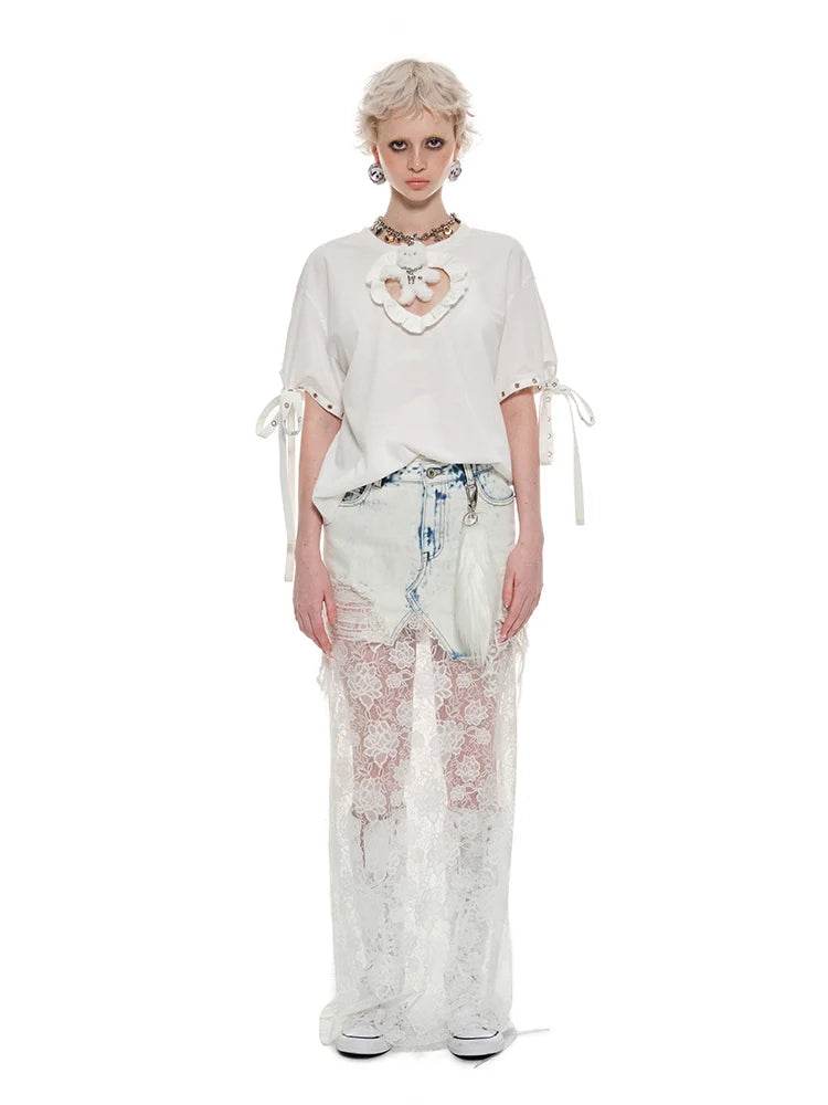 Lace Panel Denim Maxi Skirt - My Store