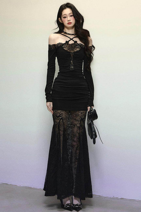 Elegant Lace Halter Long Dress - My Store