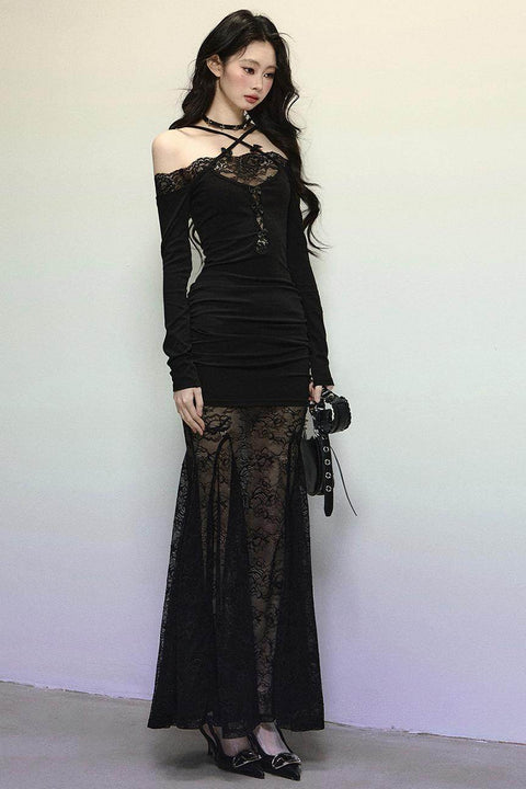 Elegant Lace Halter Long Dress - My Store