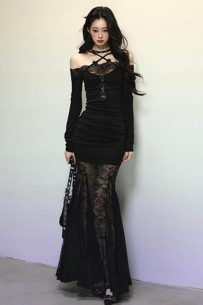 Elegant Lace Halter Long Dress - My Store