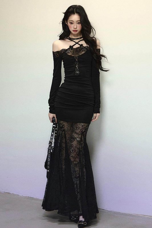 Elegant Lace Halter Long Dress - My Store