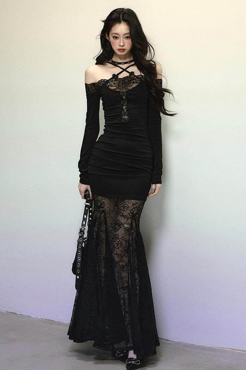 Elegant Lace Halter Long Dress - My Store