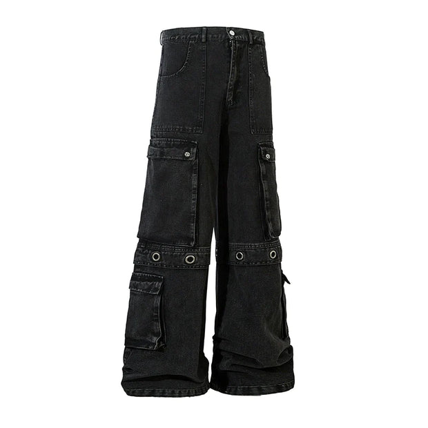 Multi Pocket Wide Leg Straight Cargo Denim Jeans