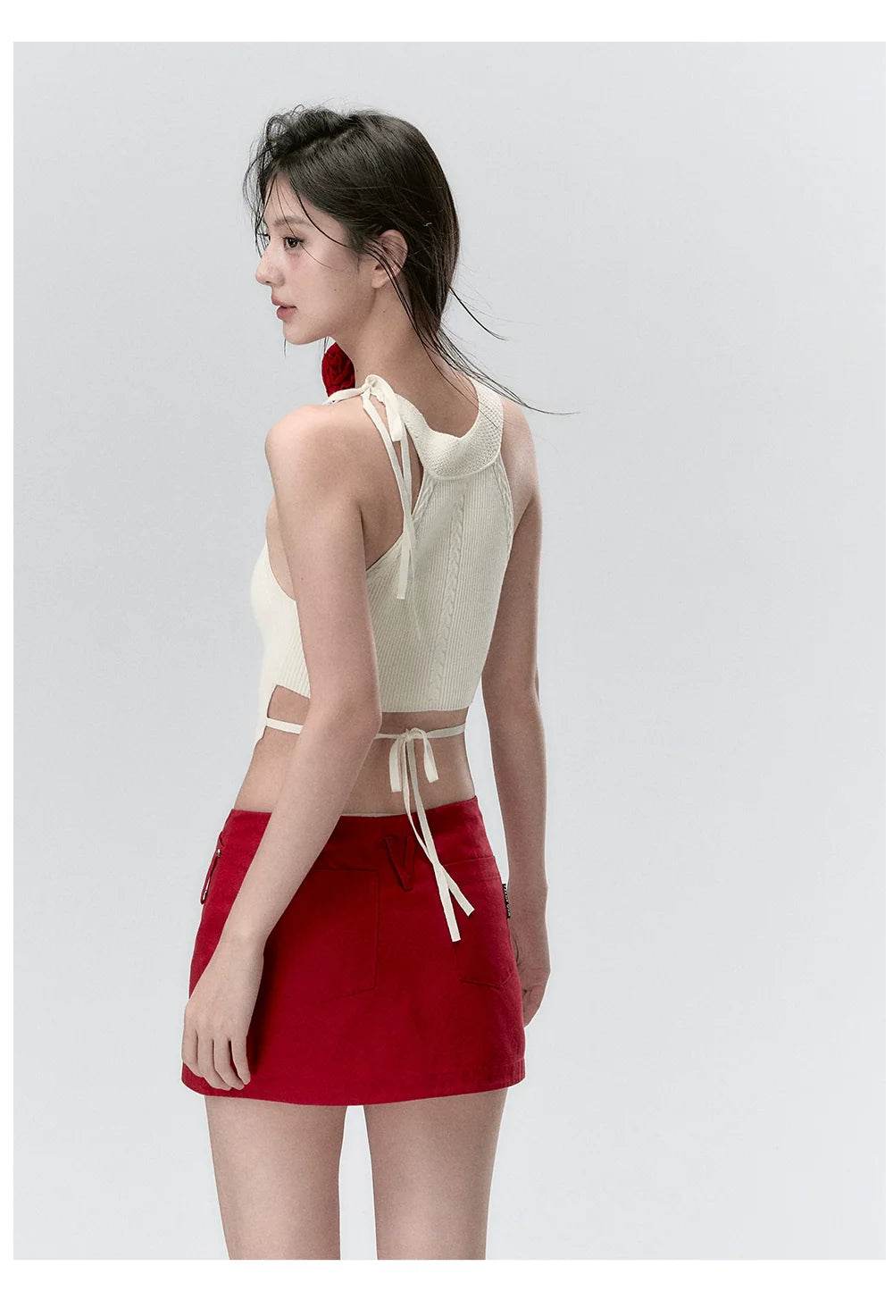 Red & Beige Rose Decor Crewneck Knitted Vest - My Store