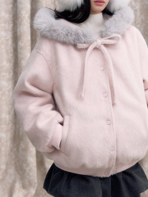 Pink Bow Tie Hooded Fur Baseball Jacket