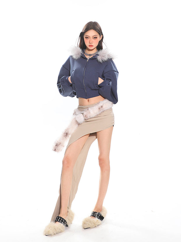 Cropped Faux Fur Hoodie Balloon Sleeves Jacket