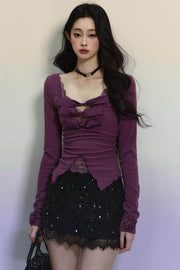 Purple Lace Embroidered Knit Top - My Store