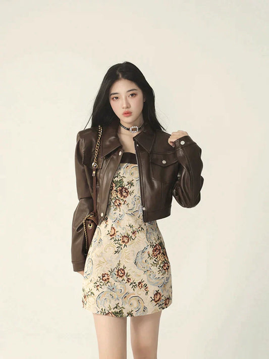 Embroidered Dress & Leather Jacket Set