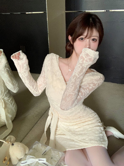 レースの白いフェミニンドレス