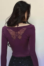 Butterfly Embroidery Long-Sleeve V-Neck T-Shirt - My Store