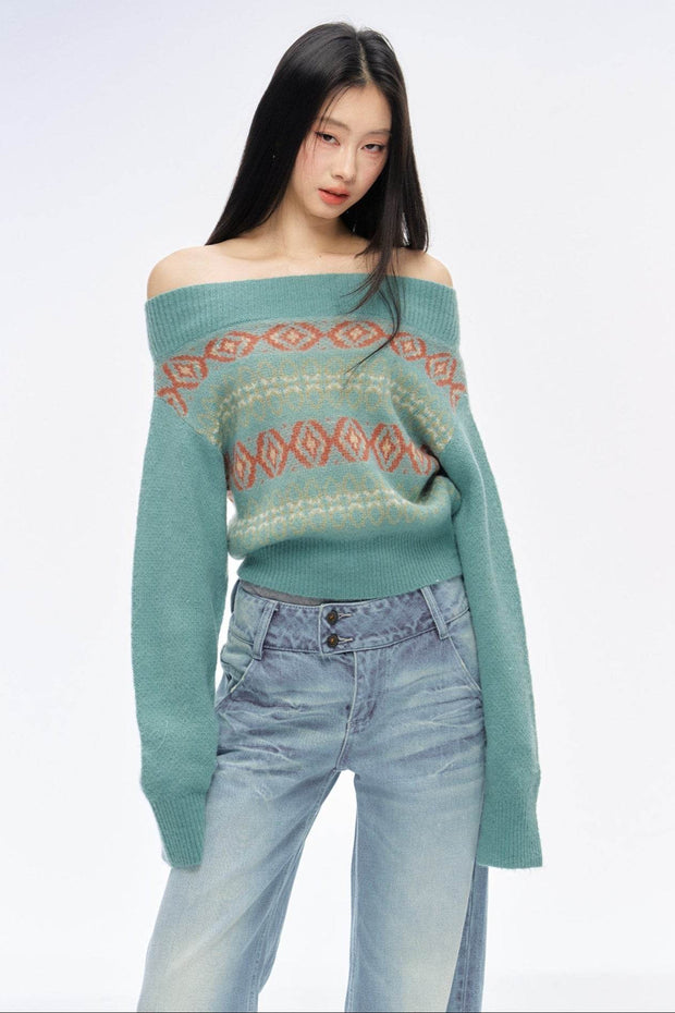 One-Shoulder Jacquard Sweater - My Store