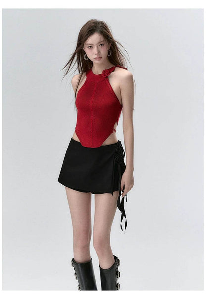 Red & Beige Rose Decor Crewneck Knitted Vest - My Store