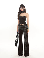 Strap Belt Set Flared Black Pants