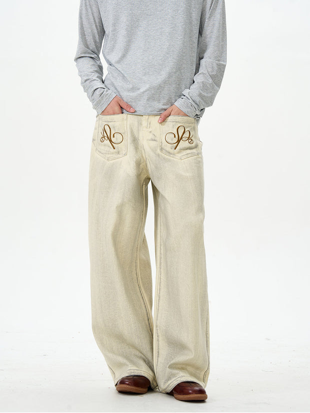 Embroidered Cream Wide Leg Pants