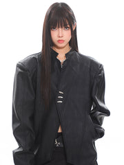 Leather Metal Button Classic Jacket