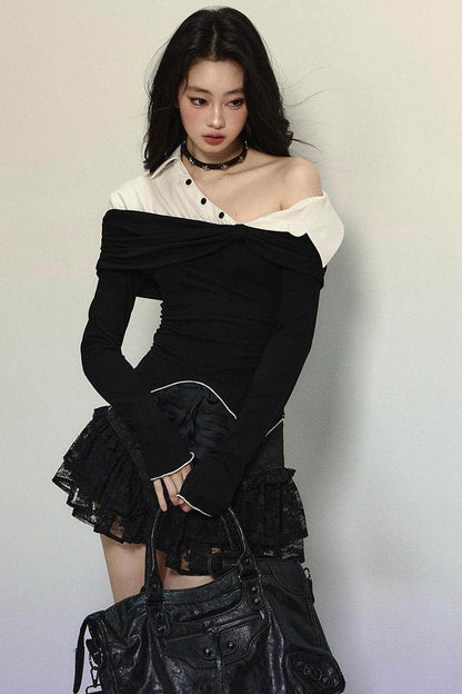 Off-Shoulder Layered Slim Top - My Store