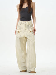 Embroidered Cream Wide Leg Pants