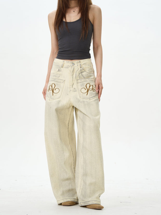Embroidered Cream Wide Leg Pants