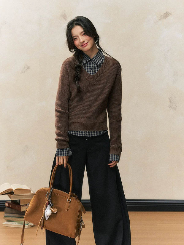 Brown Sweater & Plaid Blouse Top - My Store