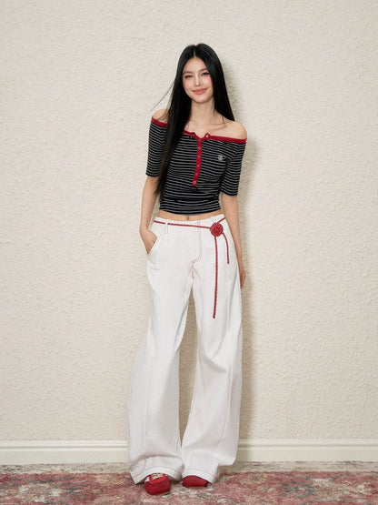 Rose Belt Contrast Stitch Curved Jeans - My Store