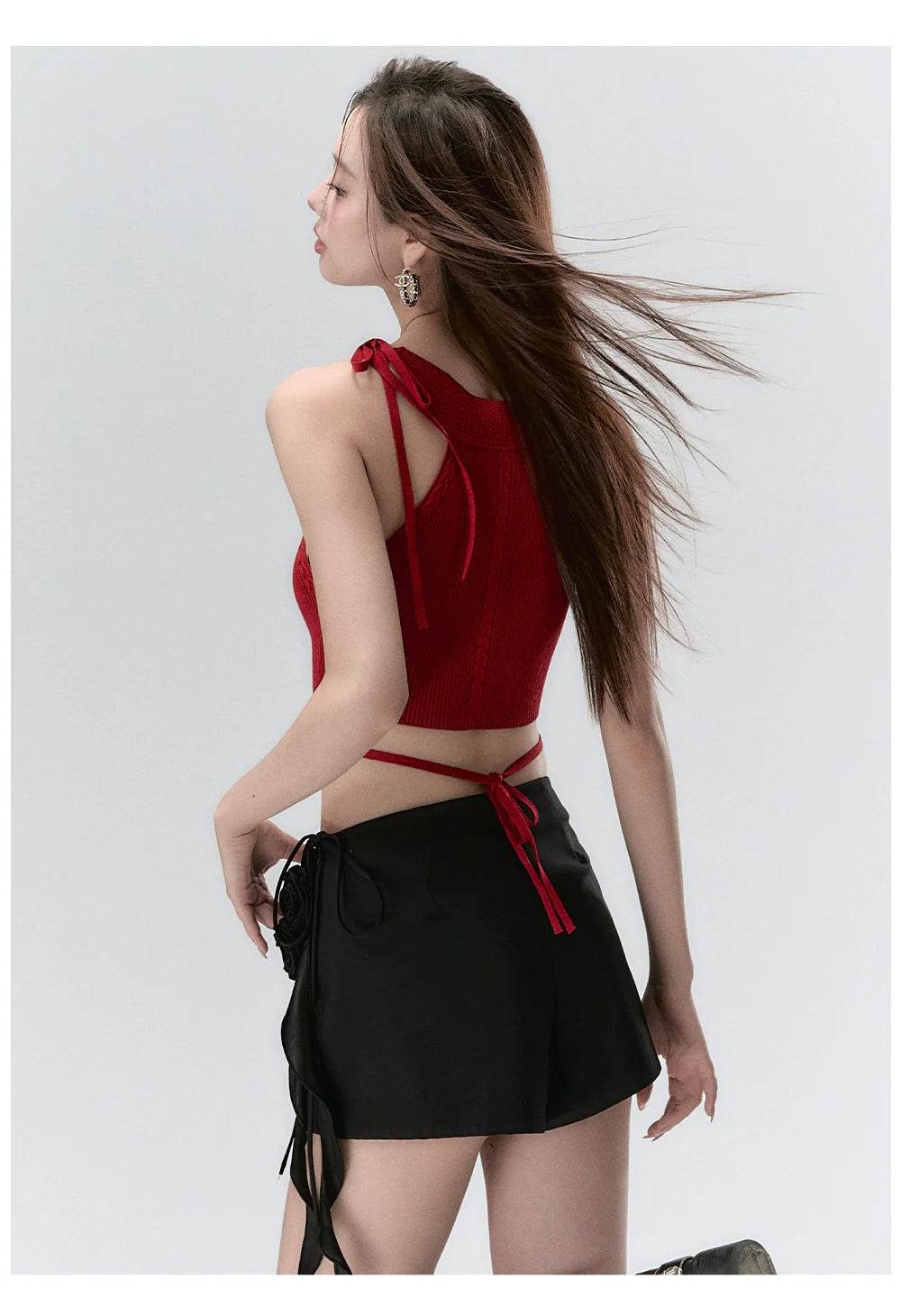 Red & Beige Rose Decor Crewneck Knitted Vest - My Store