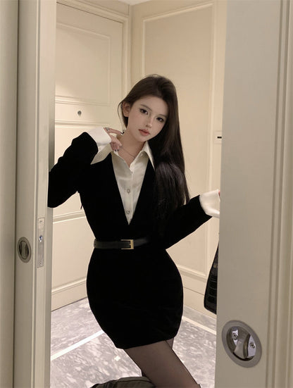 Retro Velvet Mini Dress With Belt