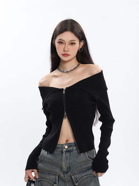 Off Shoulder Fold-over Zip Cardigan