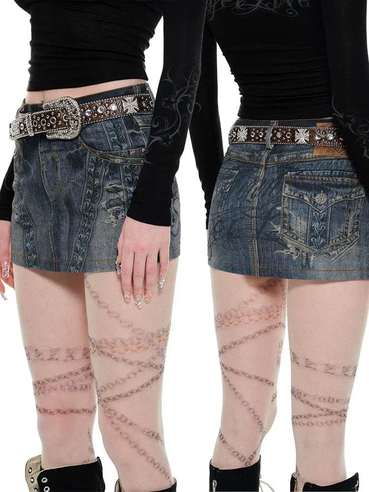Denim Blue Printed Bodycon Skirt - My Store