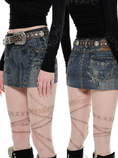 Denim Blue Printed Bodycon Skirt - My Store