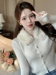 Rib Knit Fur Collar  Cardigan