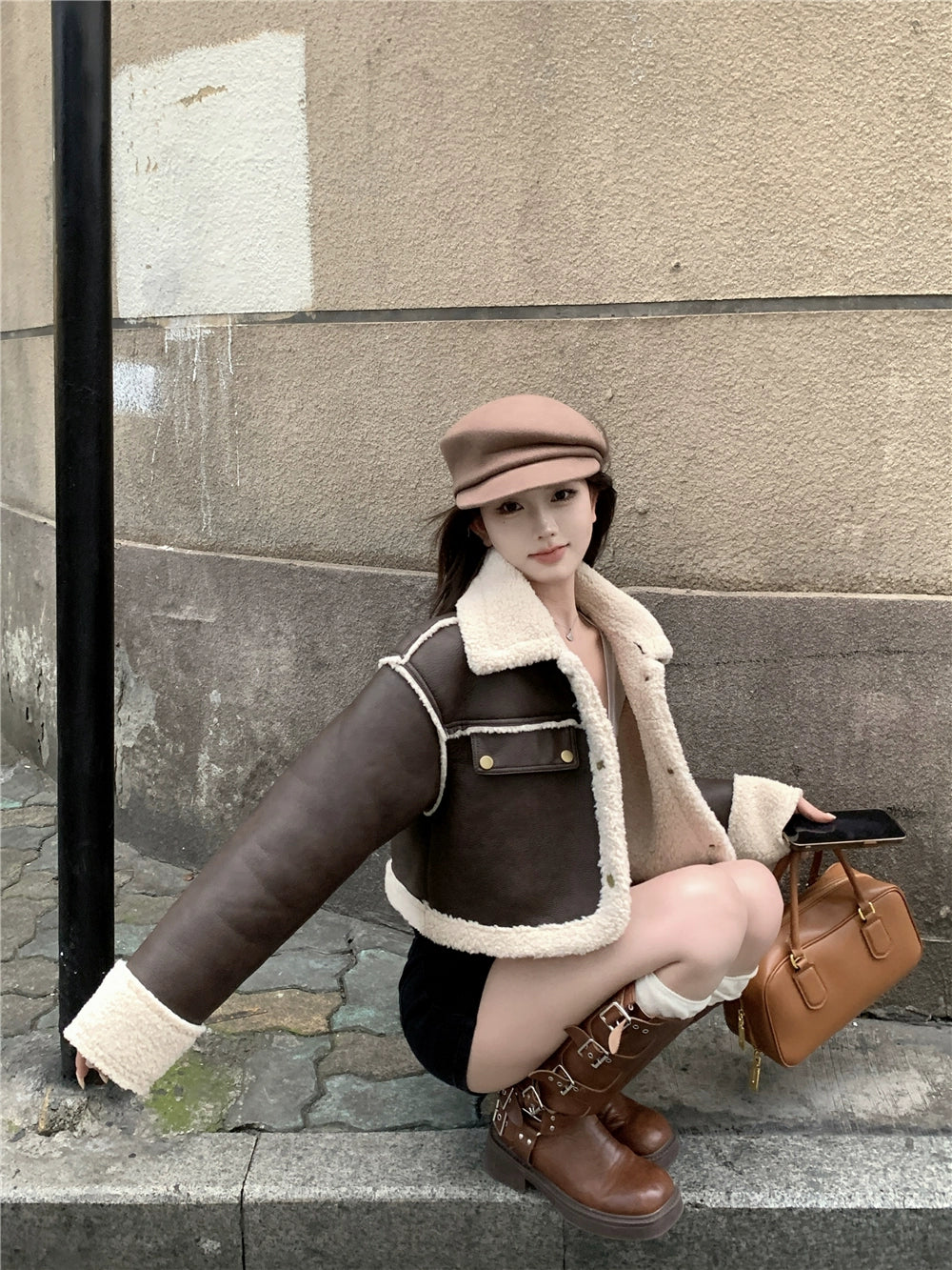 Contrast Cropped Leather Jacket