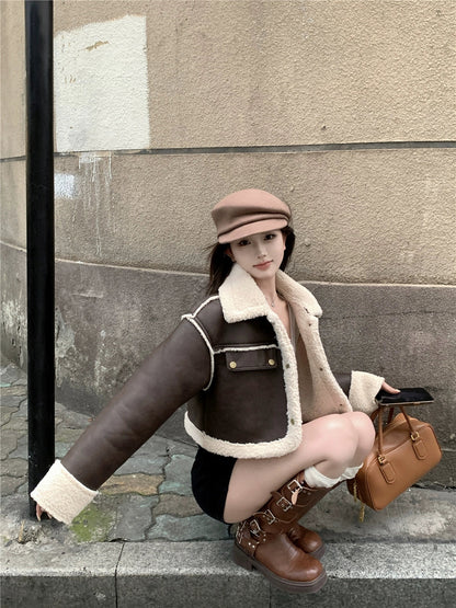 Contrast Cropped Leather Jacket