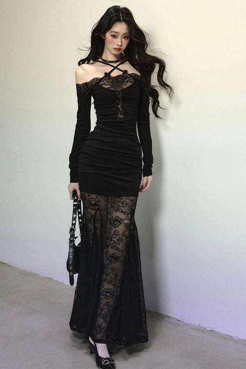 Elegant Lace Halter Long Dress - My Store