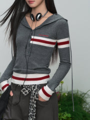 Color Block Striped Hooded Knitted T-shirt