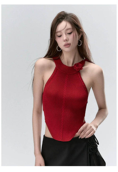 Red & Beige Rose Decor Crewneck Knitted Vest - My Store