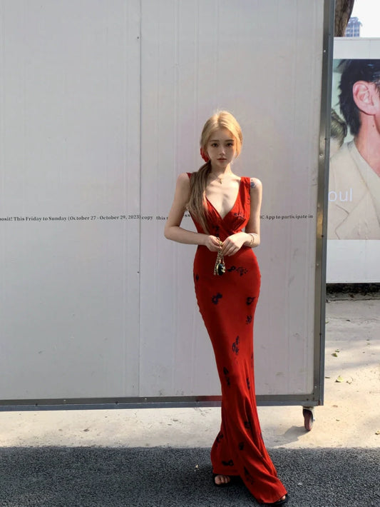 Red Floral V-Neck Fishtail Maxi Dress