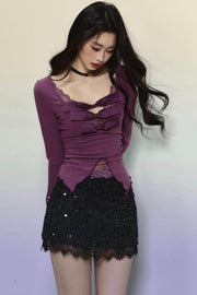 Purple Lace Embroidered Knit Top - My Store