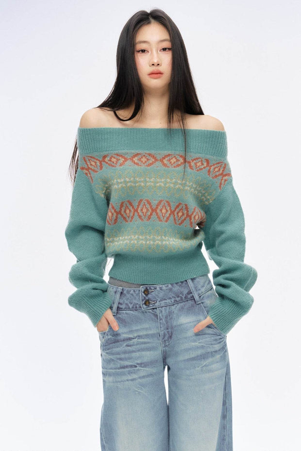 One-Shoulder Jacquard Sweater - My Store