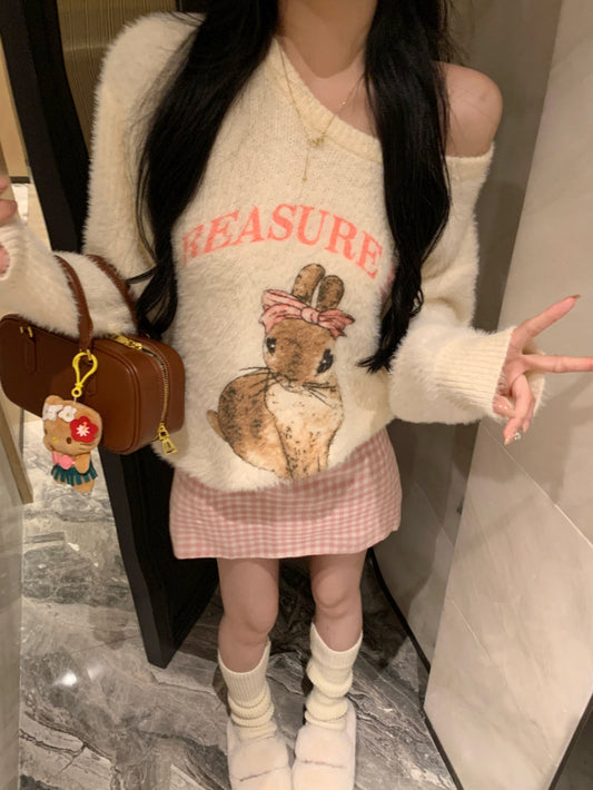Bunny Sweater & Pink Plaid Skirt Set