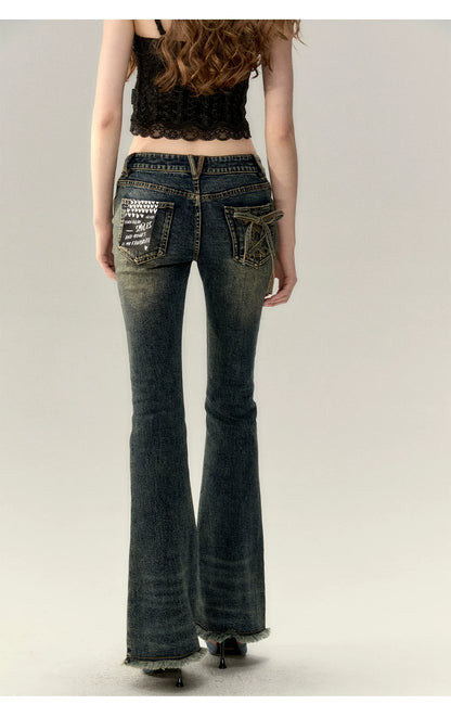 Dark Blue Denim Bow Wide-Leg Pants