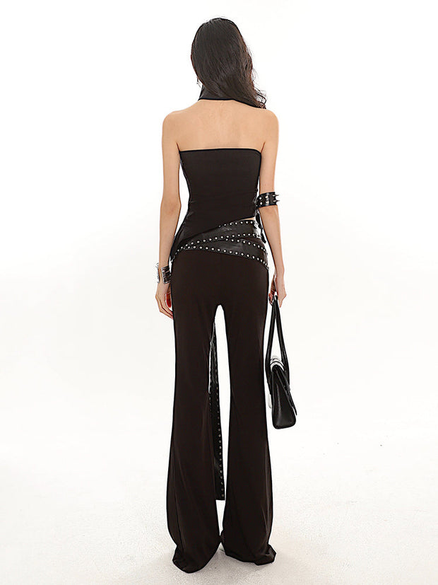 Strap Belt Set Flared Black Pants