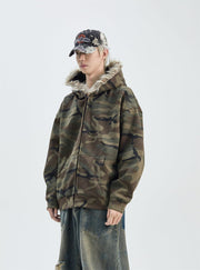 Fur Trim Camouflage Hoodie